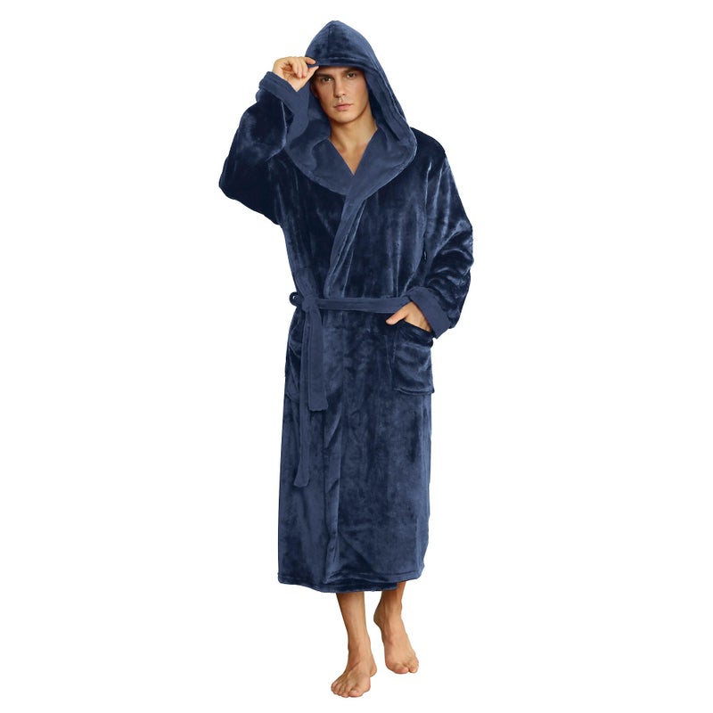 U2SKIIN Mens Fleece Hooded Robe Plush Bathrobe (Navy Blue, S/M) - Image 1